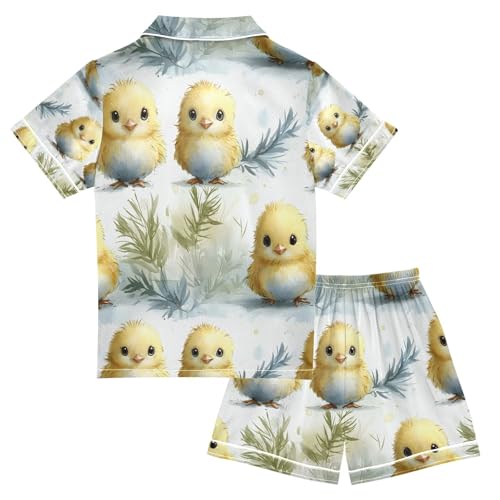 senya Chicken Pattern Yellow Satin Summer Pajama Sets Silk Short Sleeve Button Down Sleepwear2