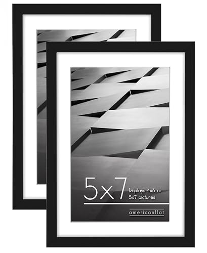 Americanflat 7x5 Photo Frames in Black - Set of 2 - Thin Border 6x4 Photo Frames with Mount or 7x5 Frames without Mount - Horizontal and Vertical Formats for Wall and Tabletop