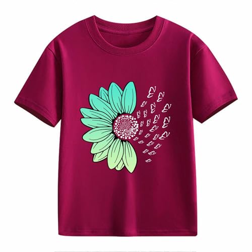 Girls Loose Fit Sunflower Graphic T Shirts Short Sleeve Crewneck Cute Pattern Printed Tops Kids (I-Wine, 3-4 Years)2