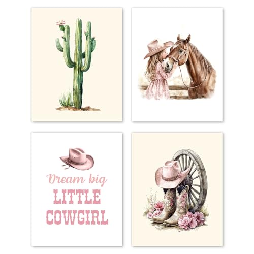 Image of Hxlac Western Cowgirl Wall Art Prints Set of 4 UNFRAMED - Pink Boot Cactus Wall Decor, Cowgirl & Western Room Decor, 8x10 Inches