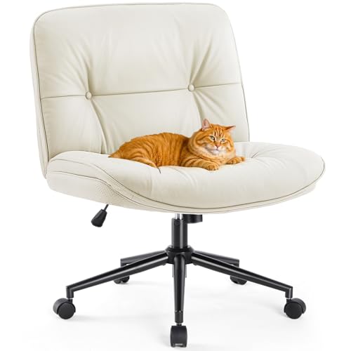 Sweetcrispy Criss Cross Chair with Wheels, Wide Seat PU Leather Armless Office Desk Vanity Chair, Comfortable Adjustable Swivel Computer Task Chairs for Bedroom, Small Space Make Up, Light Beige