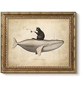 VIYYIEA Gold Framed Cat on Whale Wall Art with Plexiglass, Vintage Surrealist Cat Painting Print,...