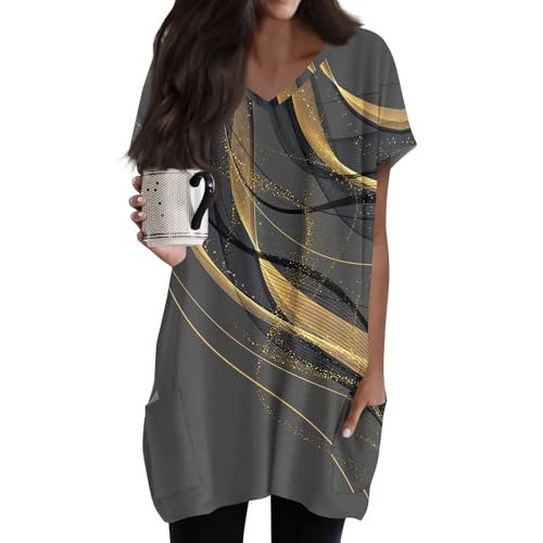 WDCHAOYUE Longtops Damen Fitnesse Neuheit Longtops Weich Sommer Wasserfall Tailliertes V Ausschnit Blusentops for Female Polyester Kurzarm mit Muster Dunkelgrau