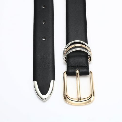 RISANTRY Women's Leather Belts for Jeans Dresses,Black Leather Waist Belt Gold and Silver Accessories with Gold Buckle — view 4