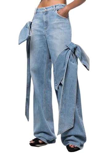 SHINFY Women's Wide Leg Baggy Jeans Y2k Tie Knot Patchwork