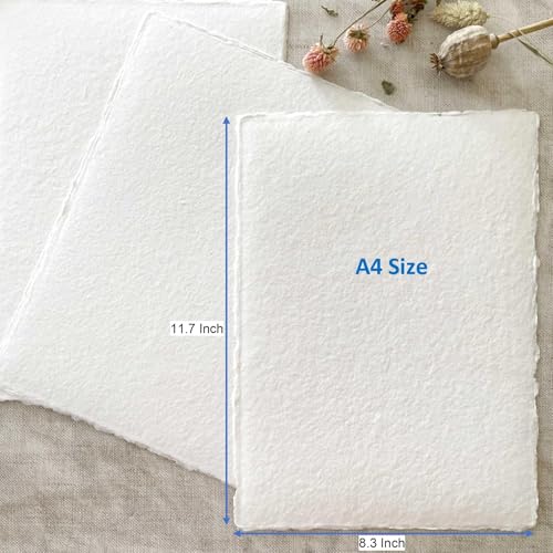 ورق قطني مصنوع يدويا بحواف خشنة من خبالكار، 20 ورقة مقاس ايه 4 300 غرام لكل متر مربع، لون ابيض، 100% قطن صديق للبيئة لبطاقات التهنئة والخط والزفاف والرسم