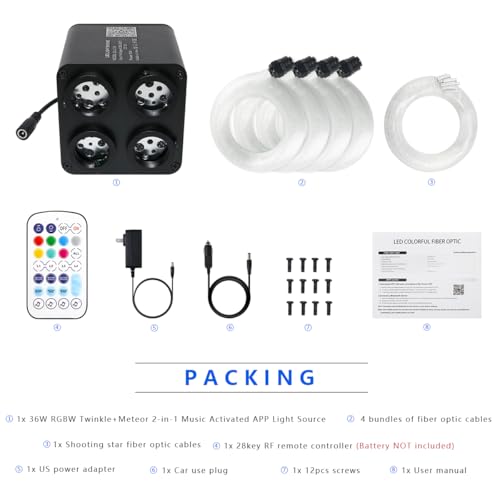 Image of AKEPO 36W 4 Color Twinkle Starlights Headliner Fiber Optic Lights Kit | 840pcs*13.1ft*0.03in Strands, Colorful Meteor 4-heads Music Sync Remote /APP Control Star Light Kit for Car /Home Ceiling