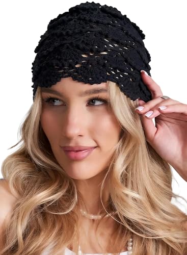 Babalet Women Cotton Crochet Beanie Hat Handmade Knit Floral Hollow Out Skull Cap Stretchy Slouchy Cutout Hats Summer Boho Fashion Crochet Hairnet Cover Caps,Black,1PCS