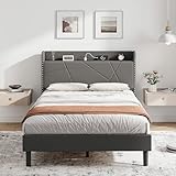IRONCK 4ft Small Double Bed Frame with Charging Station, Bed Frame Small Double with Upholstered Storage Headboard, Sturdy Wooden Slat Support, No Box Spring Needed, Grey 120X190 cm