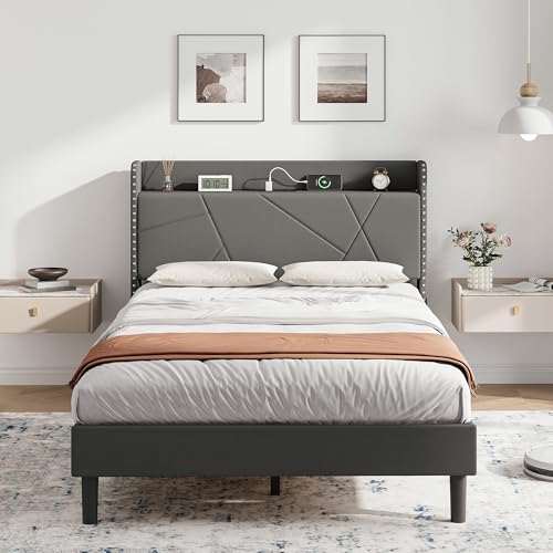 IRONCK 4ft Small Double Bed Frame with Charging Station, Bed Frame Small Double with Upholstered Storage Headboard, Sturdy Wooden Slat Support, No Box Spring Needed, Grey 120X190 cm
