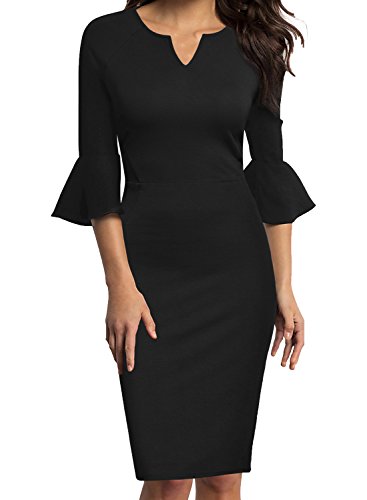 WOOSUNZE Womens Flounce Bell Sleeve Office Work Casual Pencil Dress (Black, Medium)