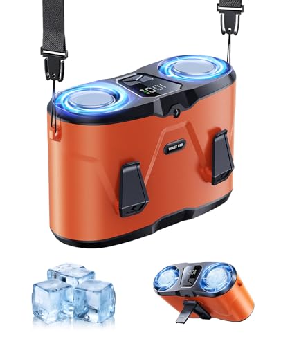 Image of KIMMOO Dual-Motor Rechargeable Waist Fan with Ice Cooling, 25000 RPM High-Speed Neck Belt Clip-on Fan with 10 Gears, LED Display & Flashlight, Hands-Free Personal Fan for Work Outdoor Travel, Orange