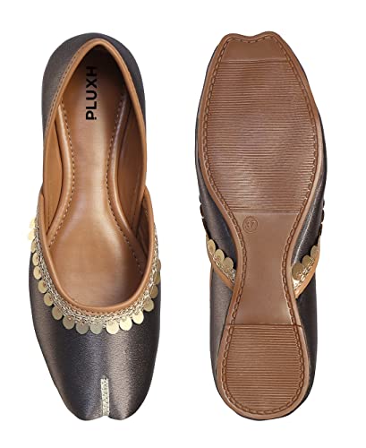 Image of Pluxh Women's Ethnic Jutti Shoes | Shiny Finish Mojari with Sequin Border | Soft Cushioned Slip-On Flats for Casual
