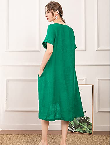 Minibee Women's Embroidered Linen Dress Summer A-Line Sundress Hi Low Tunic Clothing Green L #TOP2