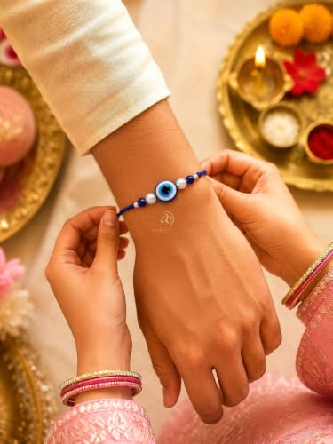 Image of Evil Eye Rakhi Set Of 3 For Brother Bhabhi Sister Kids | Blue Nazar Battu Raksha Kavach Rakhi Bracelet With Pearl Beads | Handmade Aesthetic Designer Raksha Bandhan Combo Rakhi Gift For Bhai