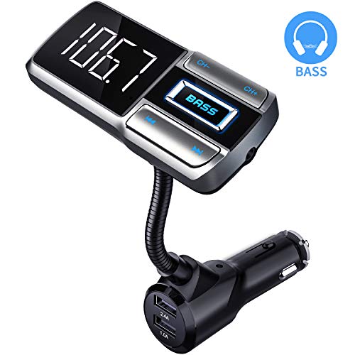 CHGeek-Bluetooth-FM-Transmitter-for-Car, [Bass Booster] V5.0 Bluetooth Radio Adapter Wireless Music Player Car Kit