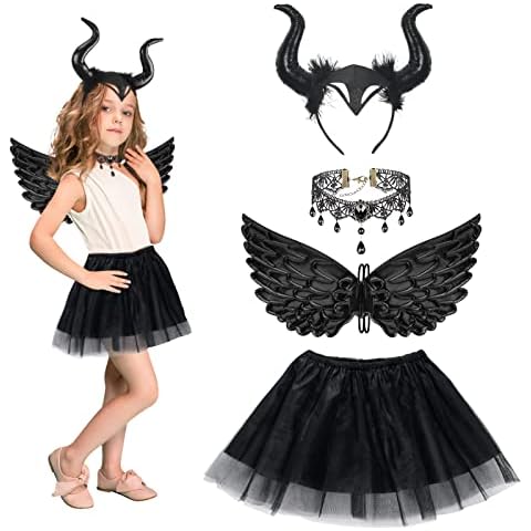 HONMOKU 4 PCS Kids Girls Carnival Maleficent Costume Evil Witch Dress Up Outfit with Devil Horns Headband,Angel Wings,Tutu Skirt,Lace Necklace for 3-10y Children Carnival Cosplay Costume Accessories Cover