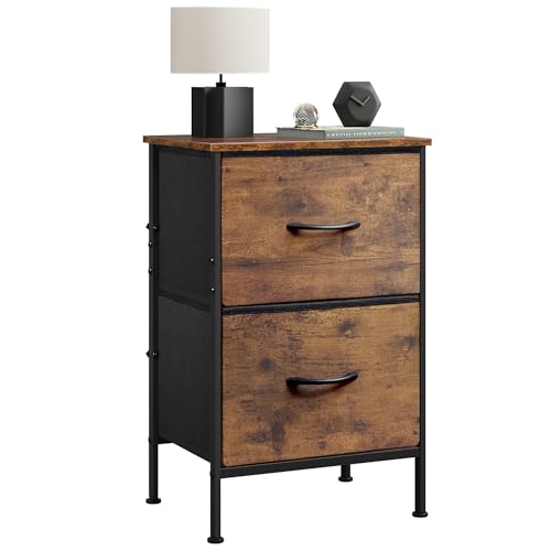 WLIVE Night Stand, Small Dresser with 2 Drawers & Wooden Top, Nightstand with Fabric Bins, Bedside Table End Table for Bedroom, Closet, Entryway, College Dorm, Rustic Brown