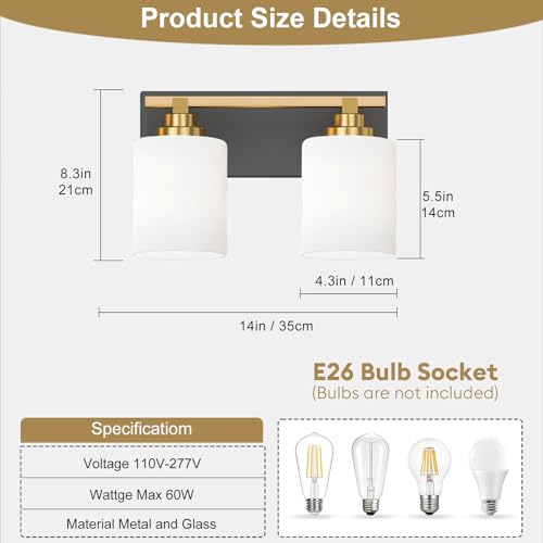 Image of Modern Bathroom Lighting Fixtures Over Mirror, Vanity Lights for Bathroom, Wall Sconces with Milky White Glass Shades, E26 Ceramic Socket, 2-Light 14-inch Black and Gold