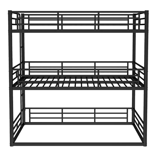 Image of Full Over Full Over Full Bunk Bed with Safety Guardrails, Modern Metal Triple Bed Frame for Kids, No Box Spring Required, Black