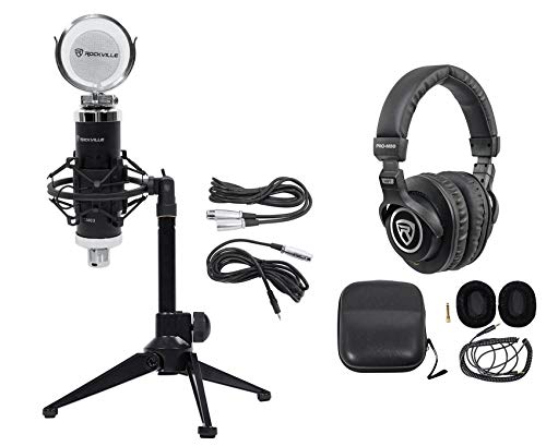 Rockville RCM03 Bundle: Gaming-Streaming Condenser Microphone with Metal Shock Mount, RDTS Adjustable Desktop Tripod Mic Stand with Mic Clip, PRO-M50 Studio Headphones, 3-Items