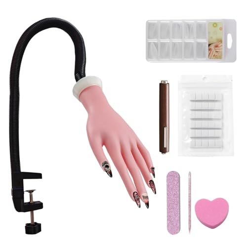 Mano de práctica para uñas acrílicas, mano falsa flexible y flexible con soporte, 100 puntas de uñas, adhesivo de fijación, kit de