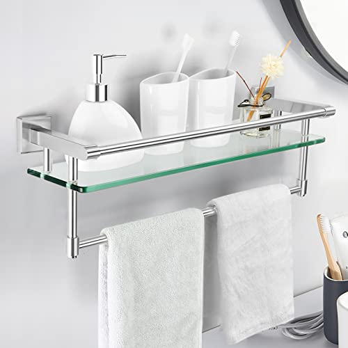 SFGSOWOR Glass Bathroom Shelf with Towel Bar, Stainless Steel Tempered Towel bar/Track Glass Bathroom Shelves Wall Mount Over The Toilet (Brushed Nickel, 20-inch) by SFGSOWOR - Used condition - Image 2