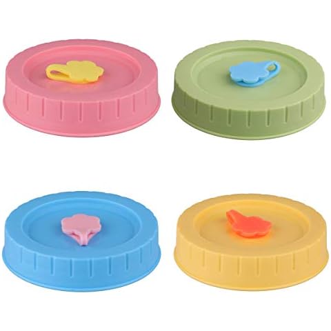 JanJean 4Pcs Colorful Mason Jar Lids Plastic Storage Caps Replacement Lids with Straw Hole and Plug for Regular Mouth Canning Drinking Jars Assorted Color 70mm Inner Diameter Cover