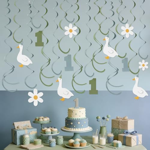 Image of 24Pcs Sage Green Dusty Blue One Silly Goose Hanging Swirl Decoration Blue Green Daisy Felt Swirl Streamer Spiral Ceiling Garland for Silly Goose Themed First Birthday Happy 1st Birthday Party Supplies