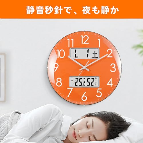 掛け時計 温度・湿度・日付・曜日表示 33cm直径 アナログ 静音 連続秒針 球面ガラス オレンジ J-7831 [4]