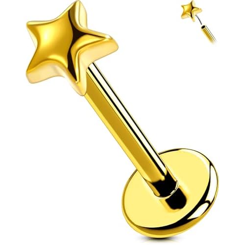 OUFER G23 Titanium Threadless Labret Studs – Flat Back Push Pin Earrings for Tragus, Helix, Monroe, Conch, Lip Piercing – 16G/18G, 6MM/8MM Gold-5Star 18g 8mm