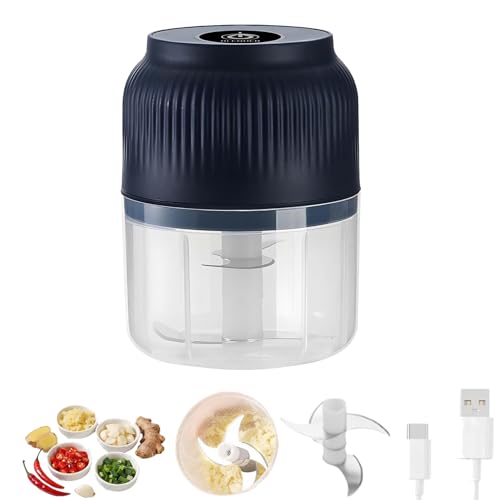 Image of Electric Garlic Chopper, One-Touch Mini Veggie Chopper with 4 Stainless Steel Blades, Portable Cordless Food Processor for Nuts Ginger Onion Chili Fruit Meat Grinder Masher (Blue)