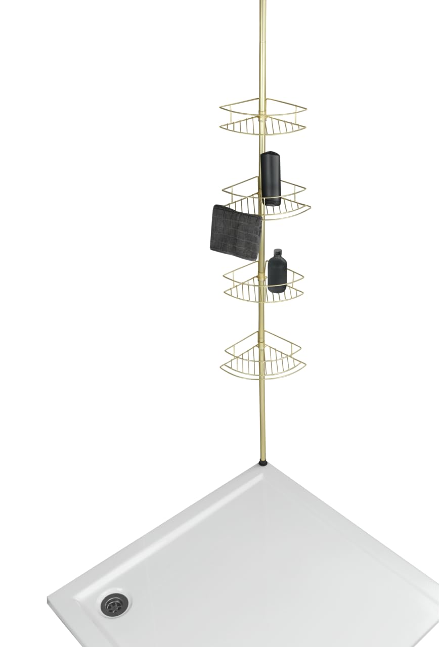 WENKO Dolcedo Gold - Estantería esquinera telescópica con 4 estantes para champú, gel de ducha y otros (31 x 65-275 x 23 cm)