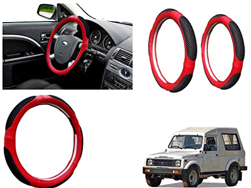 Image of Microfiber Car Steering Wheel Cover, Soft Padding Great Hand Feel, Anti-Slip, Faux Leather Steering Cover for Maruti Suzuki Gypsy | Black Red Jali - Pack of 1