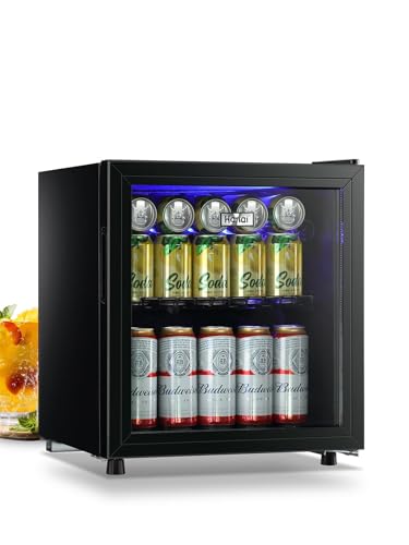 Beverage Refrigerator Cooler 60 Can Mini Fridge Glass Door for Beer Drinks Wines Juice, Adjustable Shelves Blue LED Lights and User Friendly Temperature Knob for Home Office Dorm Bar 1.6 Cu. Ft