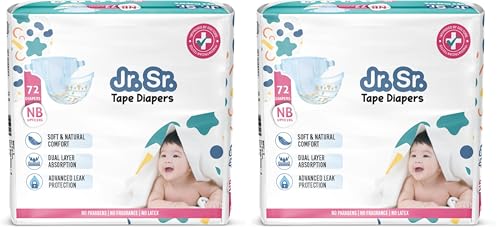 Image of Jr. Sr. Baby Tape Style Diaper | Adjustable Fit for Babies | Newborn /Extra Small (NB /XS) Size (0-5kg), 72 Count | Pack of 2 | Upto 12 hr Absorption with Advanced Leak Protection | Soft & Comfy