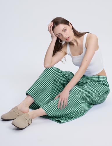 Image of LOMON Womens Wide Leg Capri Pants Gingham Plaid Culottes Summer Elastic Waist Palazzo Trousers Bottoms with Pockets