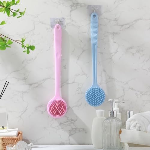 Image of Silicone Bath Brush with Long Handle - Soft Bristles Back Scrubber for Shower | Body Massage - Exfoliating Dirt Removal Brush for Men | Women (Pink & Blue Combo Set)