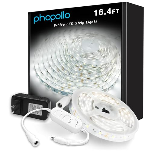 phopollo White LED Strip Lights, 16.4ft Dimmable 6500k Daylight White Led Light Strip, 300 LEDs Flexible Led Lights for Bedroom, Mirror, Kitchen Decoration