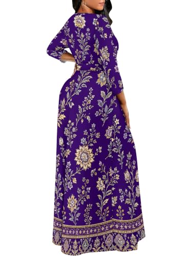 Image of Women Plus Size Long Sleeve V Neck Maxi Dress with Belt | Soft fabric relaxed fit three quarter sleeve v neck with pockets for party and daily wear