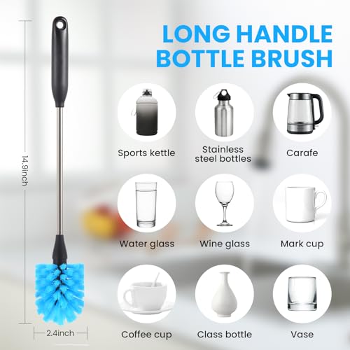 Image of 5 Pack Bottle Brush, Straw Cleaner Brush & Water Bottle Brush,15 in Stainless Steel Brush, Narrow Bottle Brush, 3 Straw Brushes, for Water Bottle, Coffee Mugs, Flasks, Glasses, Tumblers, Blue