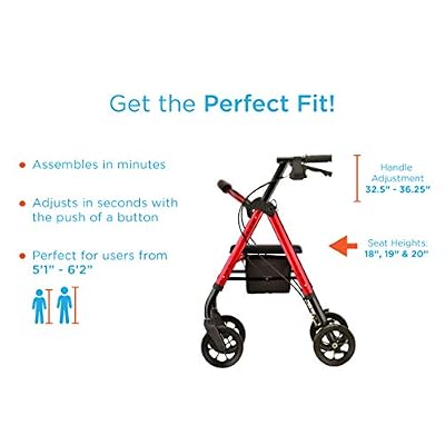 NOVA Star 8 Petite Heavy Duty Bariatric Rollator Walker, Large Padded Seat, 450 lb Capacity, 8 Rugged All-Terrain Wheels, Easy-Grip Locking Hand Brakes, Fold Lock, Height Adjustable, Blue