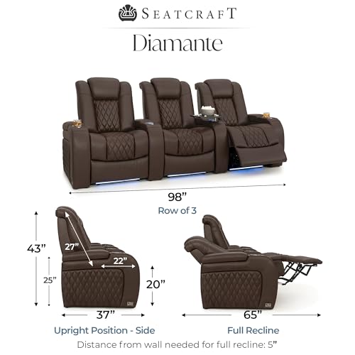 Image of Seatcraft Diamante Brown Italian Leather Home Theater Seating, Zero Gravity Power Recliner Gaming and Home Office Chair, Powered Headrest Lounge Sofa Furniture for Cinema Room, Row of 3
