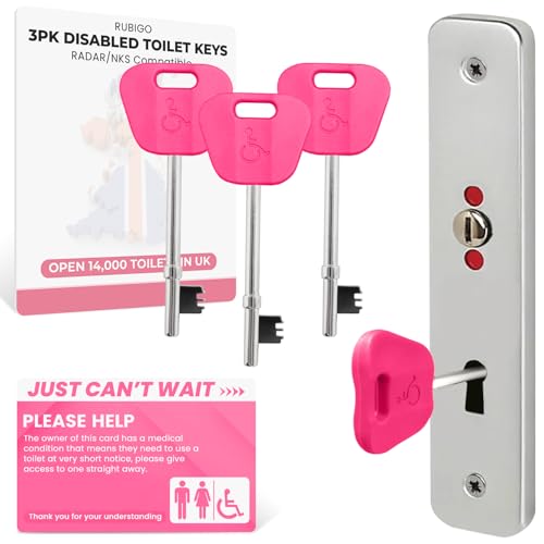 RubiGo Disabled Toilet Keys Compatible with Radar Key for Disabled Toilets UK (3 Pack) Universal Access Key for UK Public Disabled Toilets - with Just Cant Wait Card (Pink)