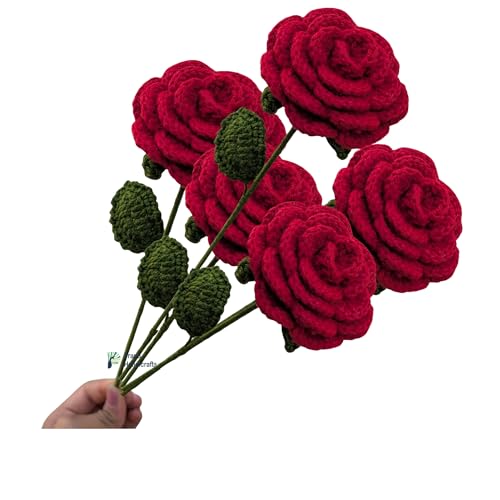 Image of Prapti Handicrafts Handmade Crochet Red Rose Artificial Flowers for Vase, Home Decoration (5, red Rose)