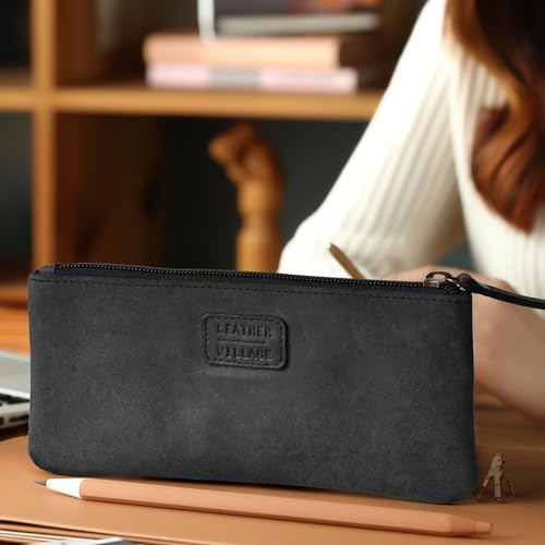 Leather Village 8906166962218 Leather Pencil Pouch Pen Case - Matte Black - 8"X4"- Double Pocket thumb #5