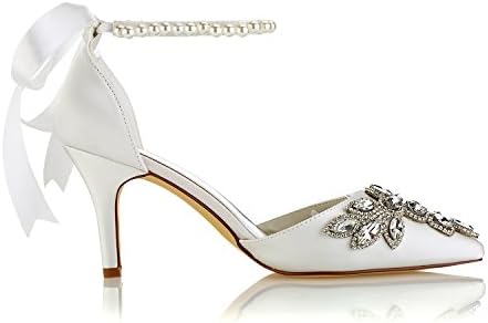 Emily Bridal 18353-4-2 Women's Wedding Shoes Pointed Toe 3.15 Inches Stiletto Heel Satin Pumps with Imitation Pearl Ribbon Tie Crystal Chain Bridal Shoes (EU40/9 B(M) US, Ivory) | Image 2