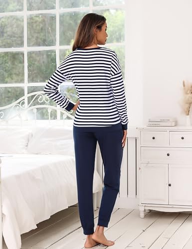 Bresdk Schlafanzug Damen Lang Pyjama Set Langarm Baumwolle Winter Nachtwäsche Frauen Blau L 4