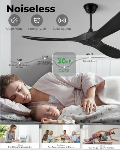 Image of Outdoor Ceiling Fan No Light for Patios, 52 In Black Ceiling Fan Without Light with Smart App & Remote Control, Damp Rated 3-Blade ABS Plastic, High CFM, Quiet DC Motor, Modern Indoor Porch Exterior