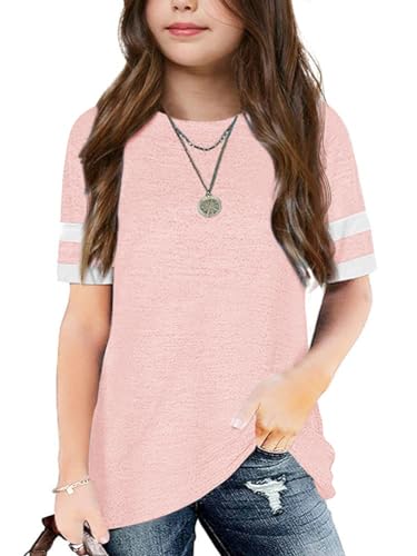 Haloumoning Camiseta de manga corta para niña, cuello redondo, camiseta de verano suelta a rayas, informal, básica, deportiva, camiseta de 5 a 14 años, Rosa., 13-14 años